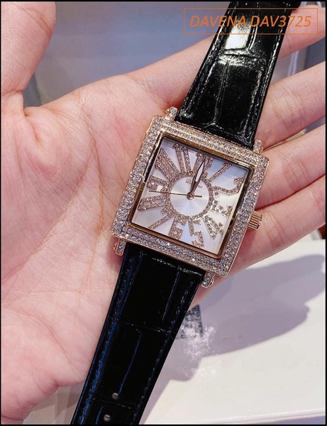 Đồng hồ Nữ Davena Mặt Vuông Dây Da Đen Swarovski Rose Gold