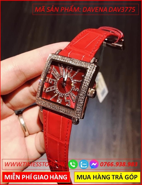 Đồng hồ Nữ Davena Mặt Vuông Dây Da Đỏ Viền Đá Swarovski