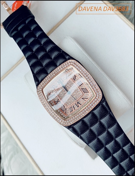 Đồng hồ Nữ Davena Mặt Vuông Dây da Swarovski Rose Gold