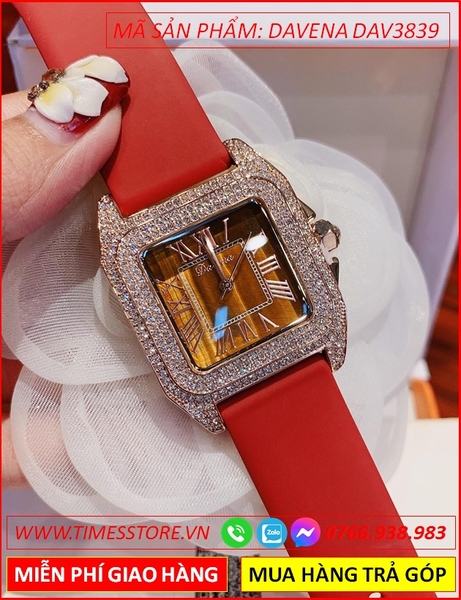 Đồng hồ Nữ Davena Mặt Vuông Dây Cao Su Đỏ Full Đá Swarovski