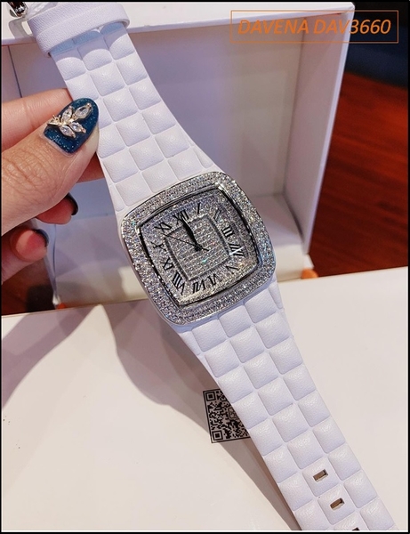 Đồng hồ Nữ Davena Mặt Vuông Dây Da Trắng đá Swarovski