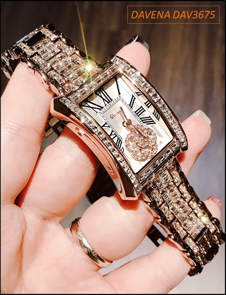 Đồng hồ Nữ Davena Mặt Chữ Nhật Full Đá Swarovski Rose Gold