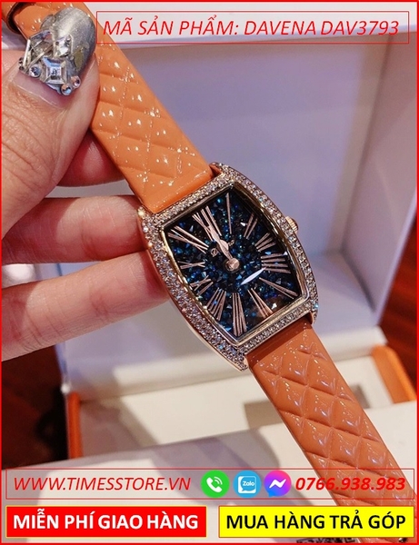 Đồng hồ Nữ Davena Mặt Oval Xanh Dây Da Cam Full Đá Swarovski