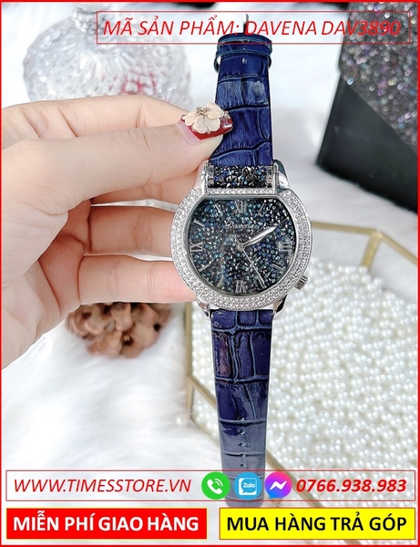 Đồng hồ Nữ Davena Dây Da Xanh Mặt Bầu Trời Sao Swarovski