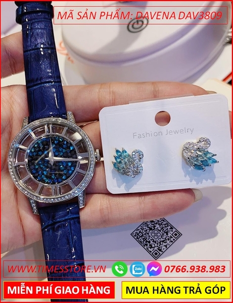 Set Đồng hồ Nữ Davena Dây Da Xanh Dương + Bông Tai Thiên Nga