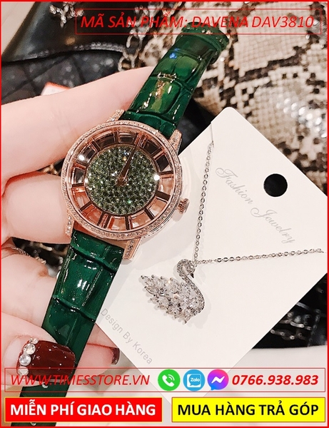 Set Đồng hồ Nữ Davena Dây Da Xanh Lá + Dây Chuyền Thiên Nga