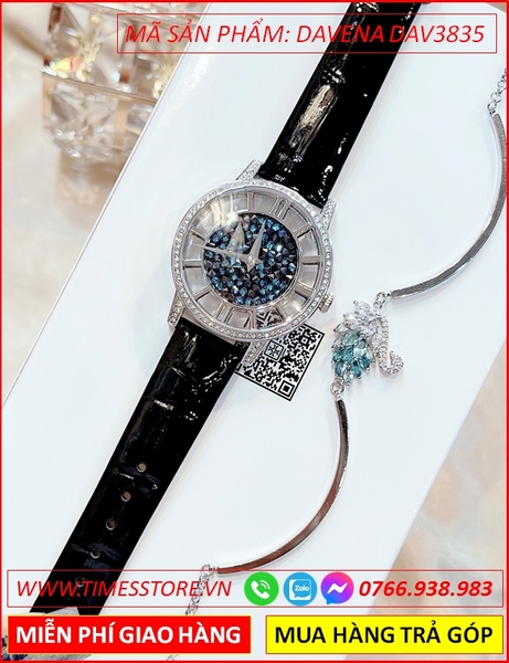 Set Đồng hồ Nữ Davena Dây Da Đen + Lắc Tay Thiên Nga Swarovski