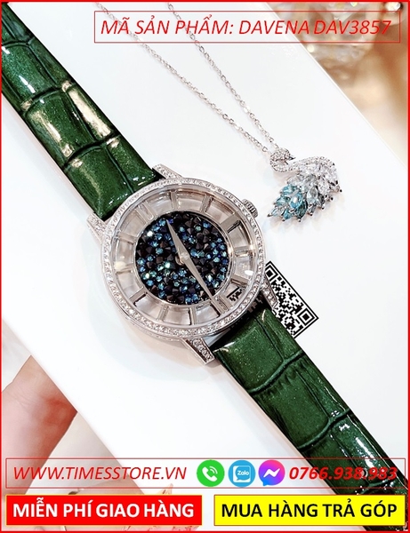 Set Đồng hồ Nữ Davena Dây Da + Dây Chuyền Thiên Nga Swarovski (35mm)