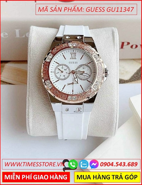 Đồng Hồ Nữ Guess Luxury Mặt Tròn Đính Đá Dây Silicone Trắng