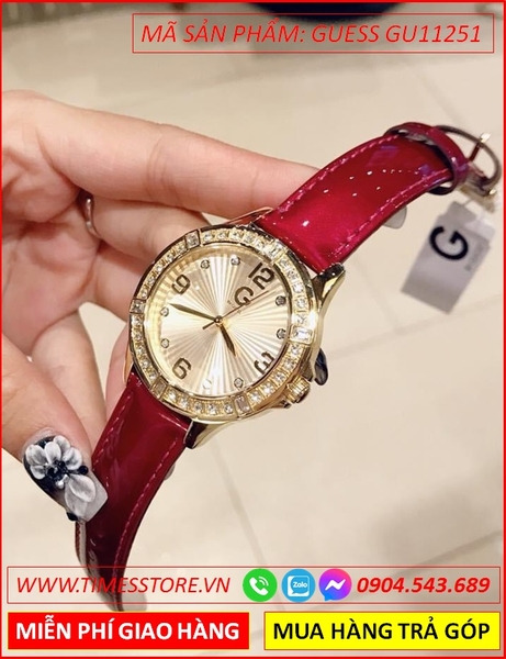 Đồng hồ Nữ Guess Vàng Gold Luxury Mặt Tròn Dây Da Đỏ Vang