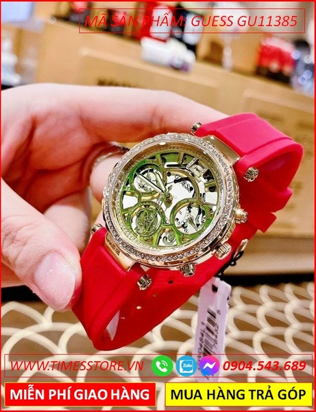 Đồng Hồ Nữ Guess Chronograph Vàng Gold Lộ Cơ Dây Cao Su Đỏ