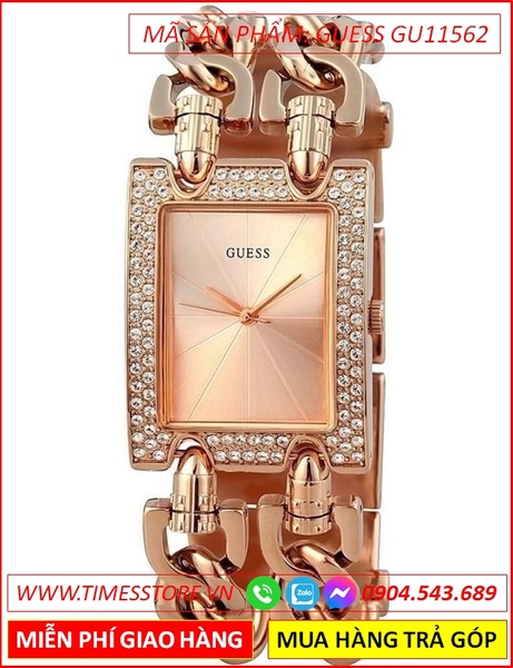 Đồng Hồ Nữ Guess Mặt Chữ Nhật Đính Đá Dây Mắt Xích Rose Gold