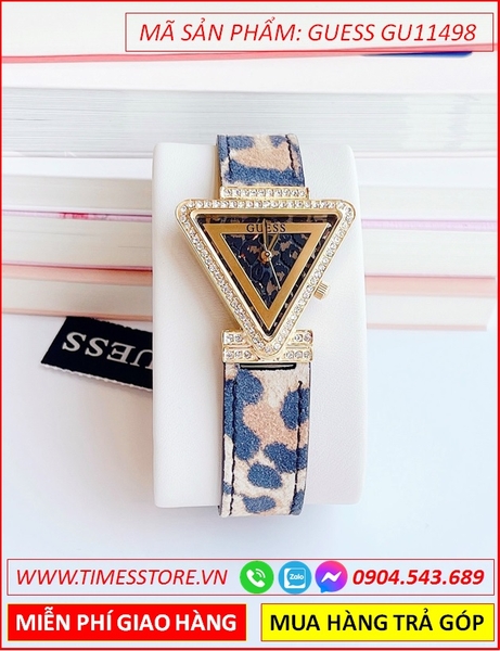 Đồng Hồ Nữ Guess Mặt Tam Giác Đính Đá Vàng Gold Dây Da Báo