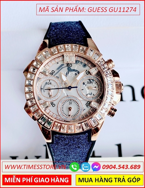 Đồng hồ Nữ Guess Rose Gold Swarovski Dây Cao Su Xanh