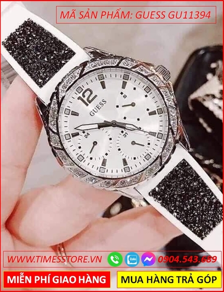Đồng Hồ Nữ Guess Mặt Tròn Đính Đá Swarovski Dây Silicone Trắng