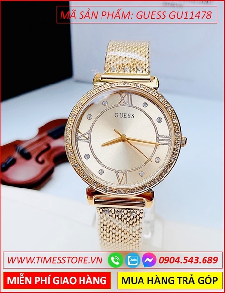 Đồng Hồ Nữ Guess Mặt Tròn Đính Đá Dây Mesh Lưới Vàng Gold
