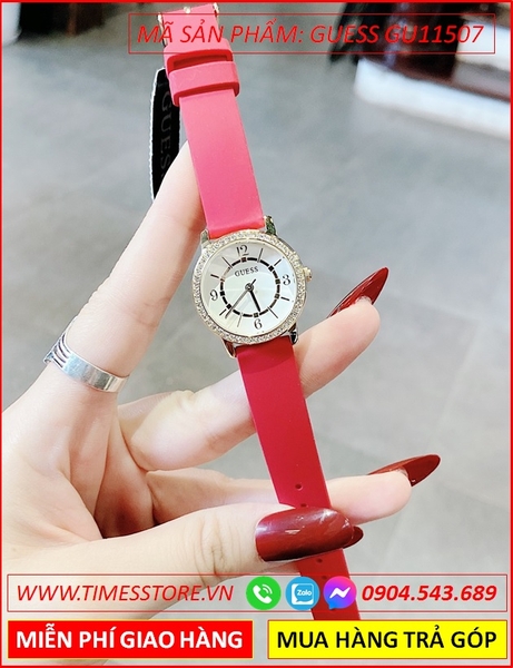 Đồng Hồ Nữ Guess Mặt Tròn Đính Đá Dây Silicone Đỏ