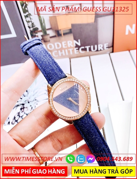 Đồng Hồ Nữ Guess Mặt Tròn Đính Đá Rose Gold Dây Denim Xanh