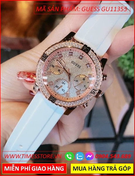 Đồng Hồ Nữ Guess Mặt Tròn Rose Gold Đính Đá Dây Silicone Trắng