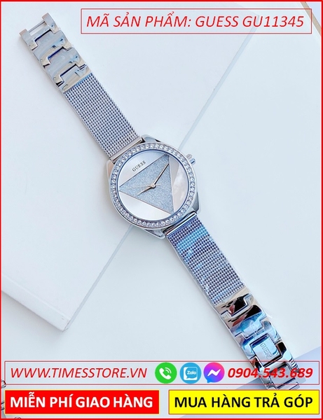Đồng Hồ Nữ Guess Mặt Tròn Đính Đá Swarovski Dây Mesh Lưới Silver