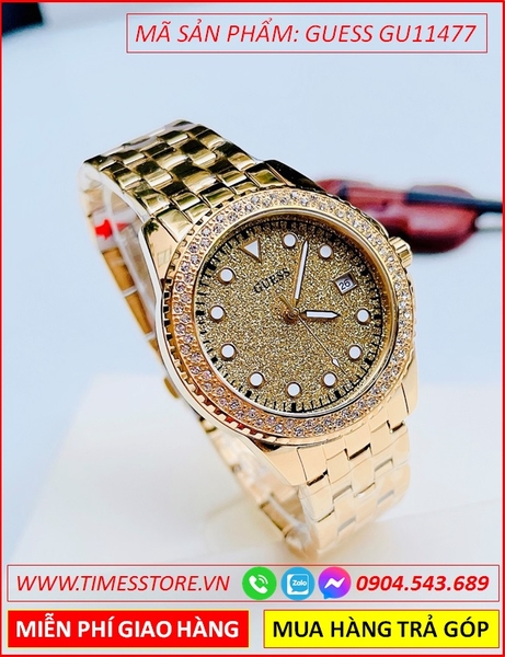 Đồng Hồ Nữ Guess Mặt Tròn Full Đá Dây Kim Loại Vàng Gold