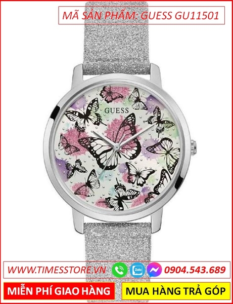 Đồng Hồ Nữ Guess Mặt Tròn Hình Bướm Dây Da Nhũ Trắng
