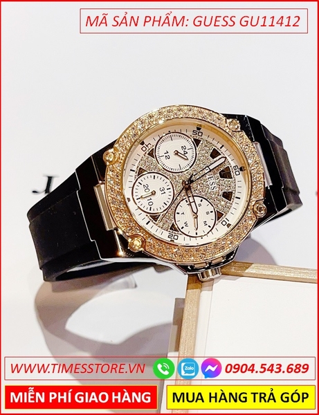 Đồng Hồ Nữ Guess Tựa Hublot Mặt Đính Đá Dây Silicone Đen