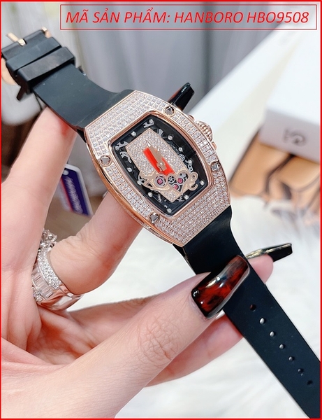 Đồng hồ Hanboro Nữ Chữ LOVE Full Đá Rose Gold Dây Silicone