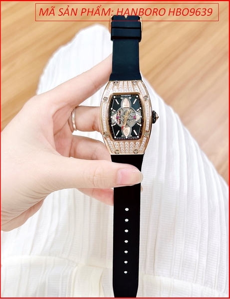 Đồng Hồ Nữ Hanboro Rose Gold Đính Đá Swarovski Dây Cao Su