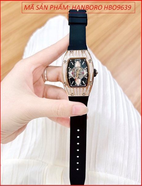 Đồng Hồ Nữ Hanboro Rose Gold Đính Đá Swarovski Dây Cao Su (36mm)