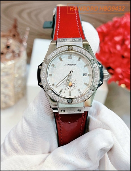 Đồng hồ Nữ Hanboro Swarovski Bông Hoa Cúc Dây Cao Su Đỏ