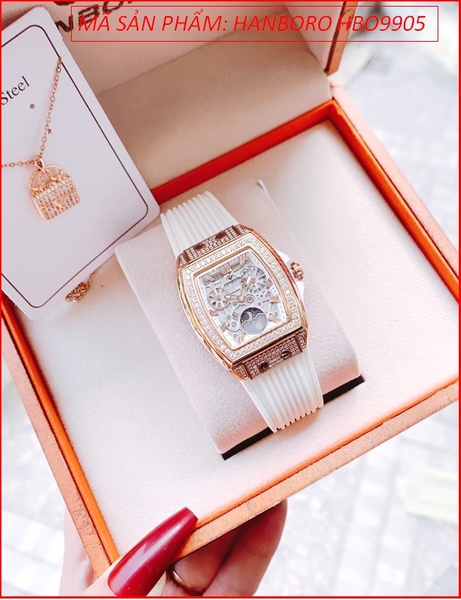 Đồng Hồ Nữ Hanboro Mặt Chữ Nhật Full Đá Rose Gold Dây Silicone Trắng