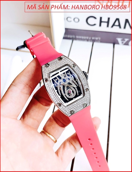 Đồng Hồ Nữ Hanboro Mặt Nhện Đá Swarovski Dây Silicone Hồng