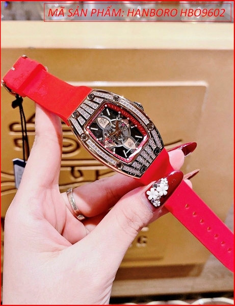Đồng Hồ Nữ Hanboro Mặt Oval Rose Gold Đính Đá Dây Silicone Đỏ