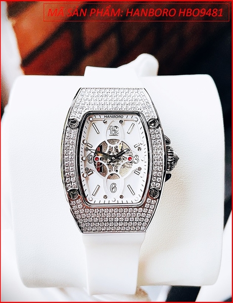 Đồng hồ Hanboro Nữ Mặt Oval Đá Swarovski Dây Silicone Trắng