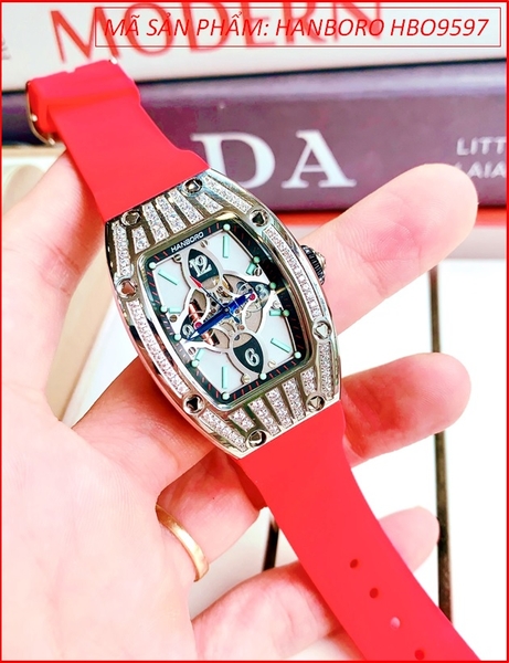 Đồng Hồ Nữ Hanboro Mặt Oval Đính Đá Swarovski Dây Cao Su