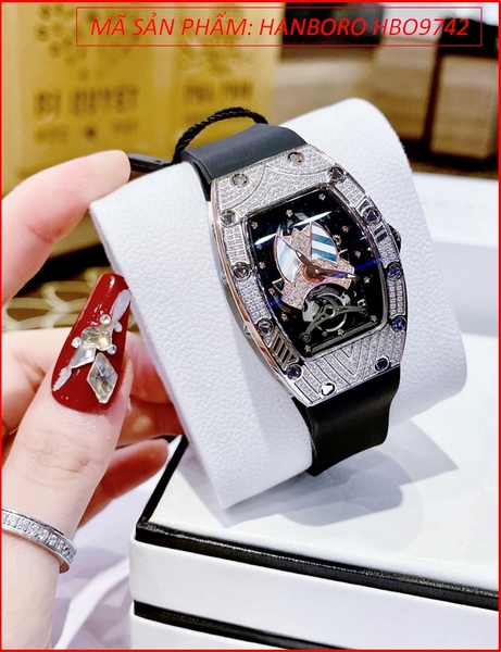 Đồng Hồ Nữ Hanboro Mặt Oval Full Đá Swarovski Dây Silicone Đen