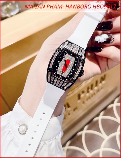 Đồng Hồ Nữ Hanboro Mặt Oval Đá Swarovski Dây Cao Su Trắng