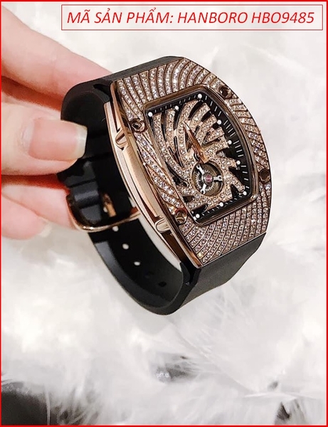 Đồng hồ Hanboro Nữ Mặt Oval Họa Tiết Đá Swarovski Rose Gold