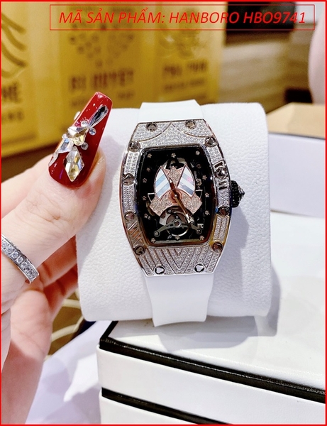 Đồng Hồ Nữ Hanboro Mặt Oval Full Đá Swarovski Dây Silicone Trắng