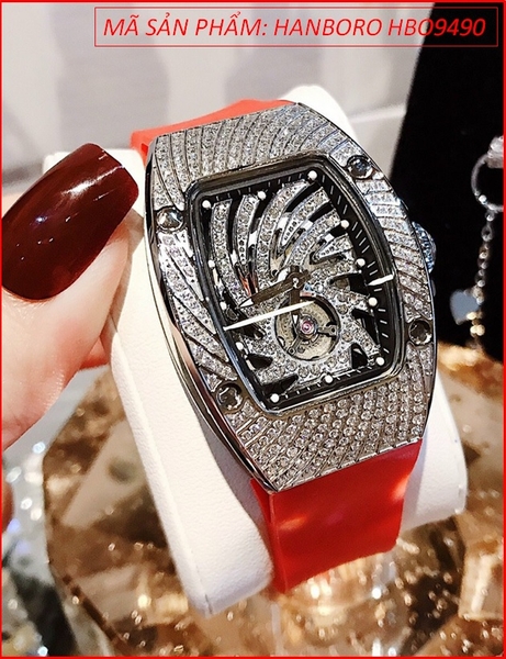 Đồng hồ Hanboro Nữ Mặt Oval Đính Full Đá Swarovski Silicone Đỏ