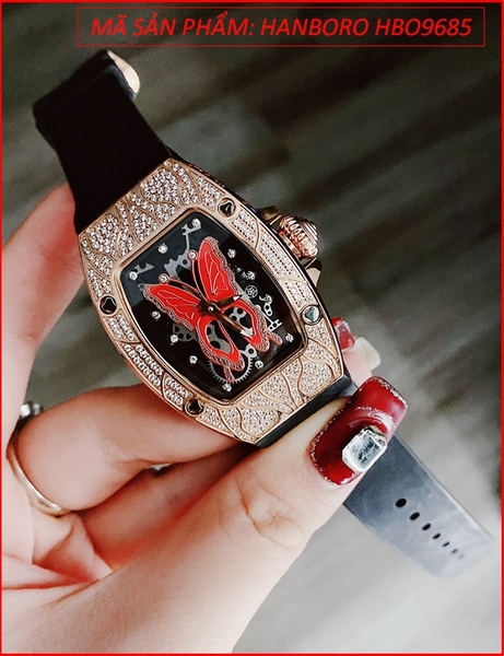 Đồng Hồ Nữ Hanboro Mặt Oval Hình Bướm Đỏ Full Đá Rose Gold