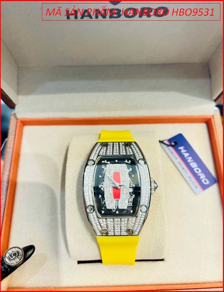 Đồng hồ Hanboro Nữ Mặt Oval Đá Swarovski Dây Silicone Vàng