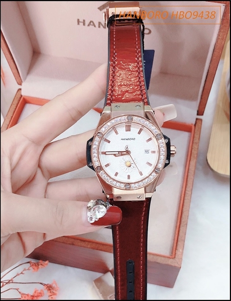 Đồng hồ Nữ Hanboro Rose Gold Bông Hoa Cúc Dây Silicone Đỏ (36mm)