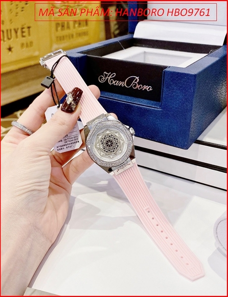 Đồng Hồ Nữ Hanboro Mặt Vũ Trụ Đá Swarovski Dây Silicone Hồng