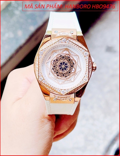 Đồng hồ Hanboro Nữ Mặt Vũ Trụ Đính Đá Rose Gold Silicone Trắng