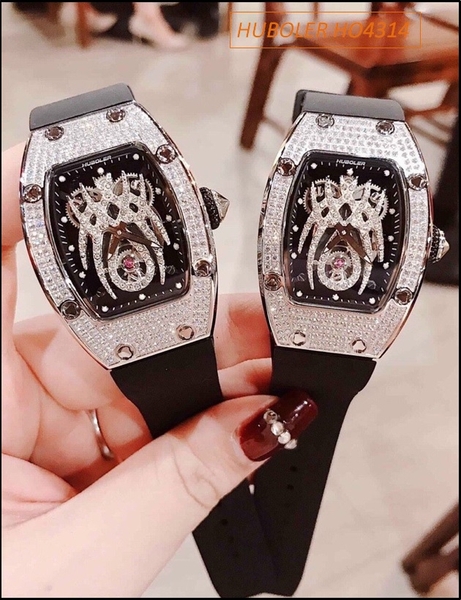 Đồng hồ Nữ Huboler Mặt Nhện Dây Silicone Đen Full Đá Swarovski