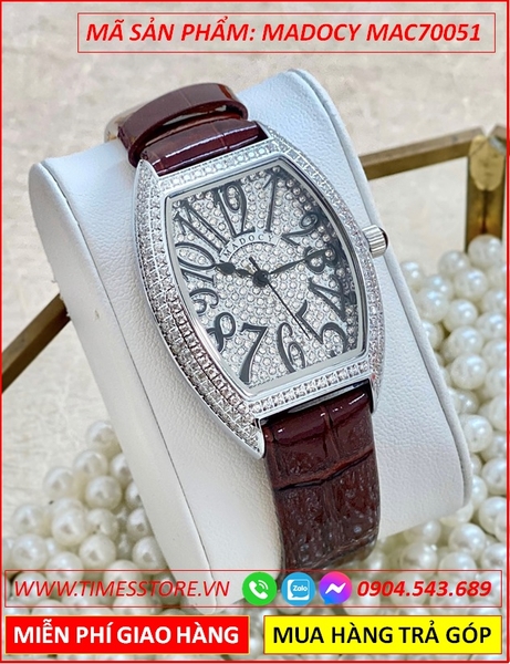 Đồng Hồ Nữ Madocy By Christian Mặt Oval Full Đá Dây Da Nâu