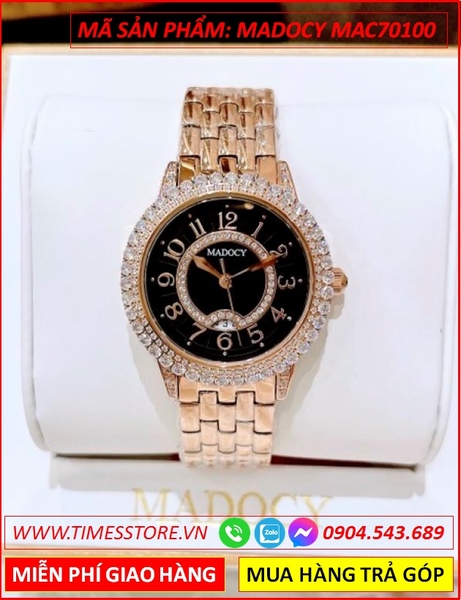 Đồng Hồ Nữ Madocy Mặt Đen Đính Đá Dây Kim Loại Rose Gold