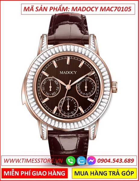 Đồng Hồ Nữ Madocy Mặt Tròn Đính Đá 6 Kim Dây Da Nâu
